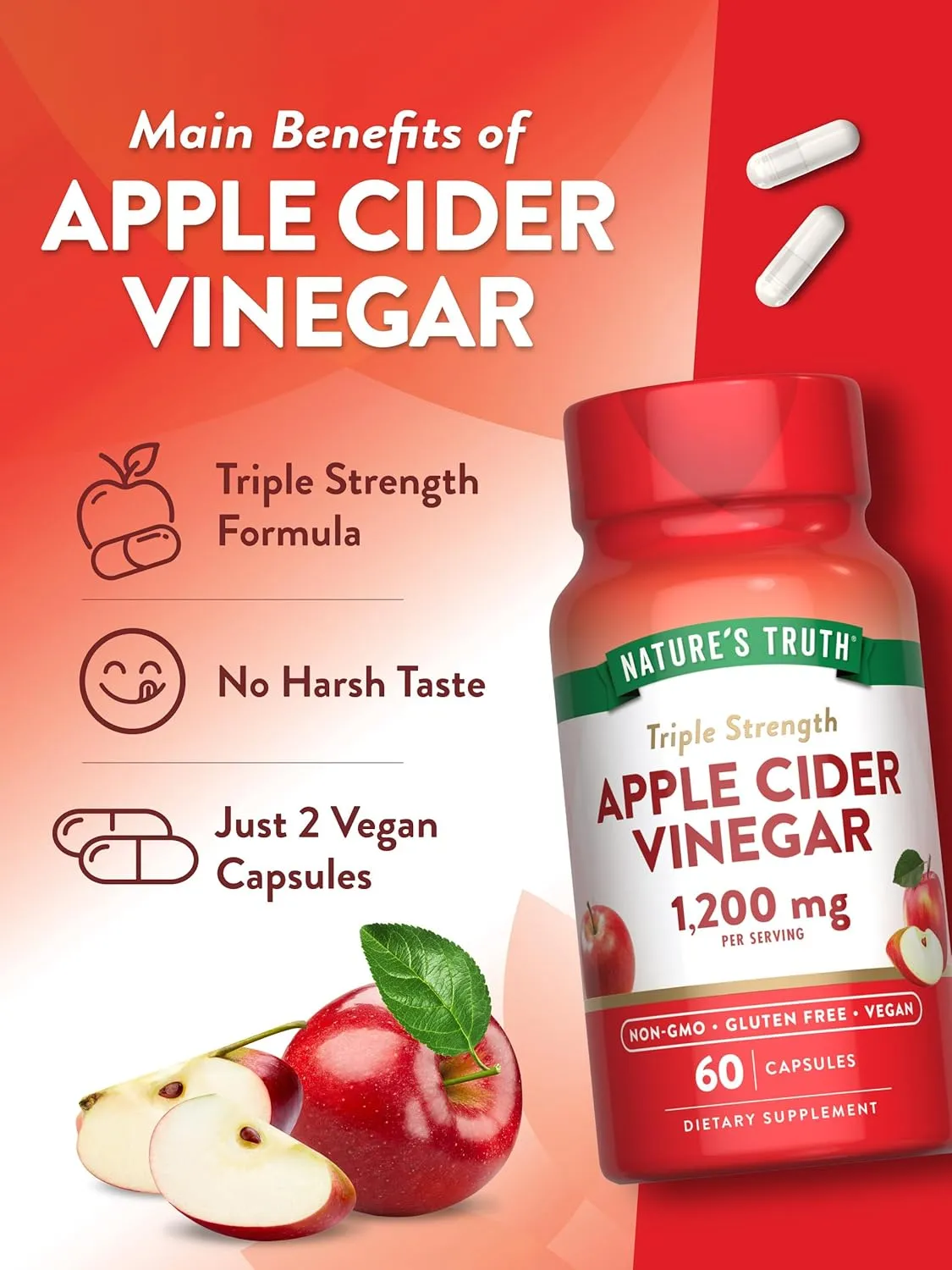 Apple Cider 1,200mg Nature's Truth 60 Capsulas - Imagem 3