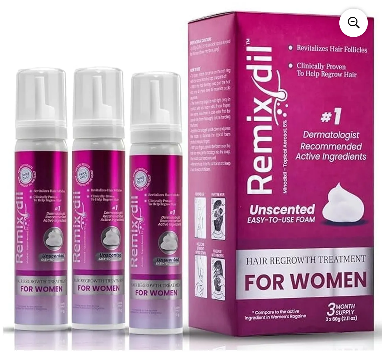 Remixidil 5% Minoxidil espuma para mulheres, 3 frascos